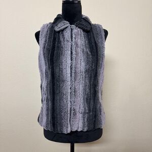 Cejon Vest Womens Small Gray Black Faux Fur Ombre Striped Hook Eye Pockets Lined